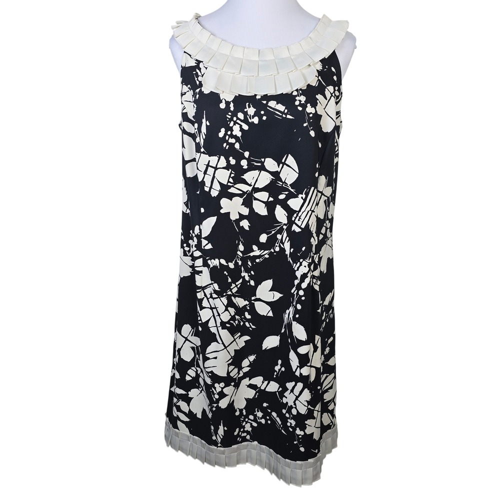 Sangria Black White Floral Sleeveless Shift Dress Pleated Ruffle Neck Size 14